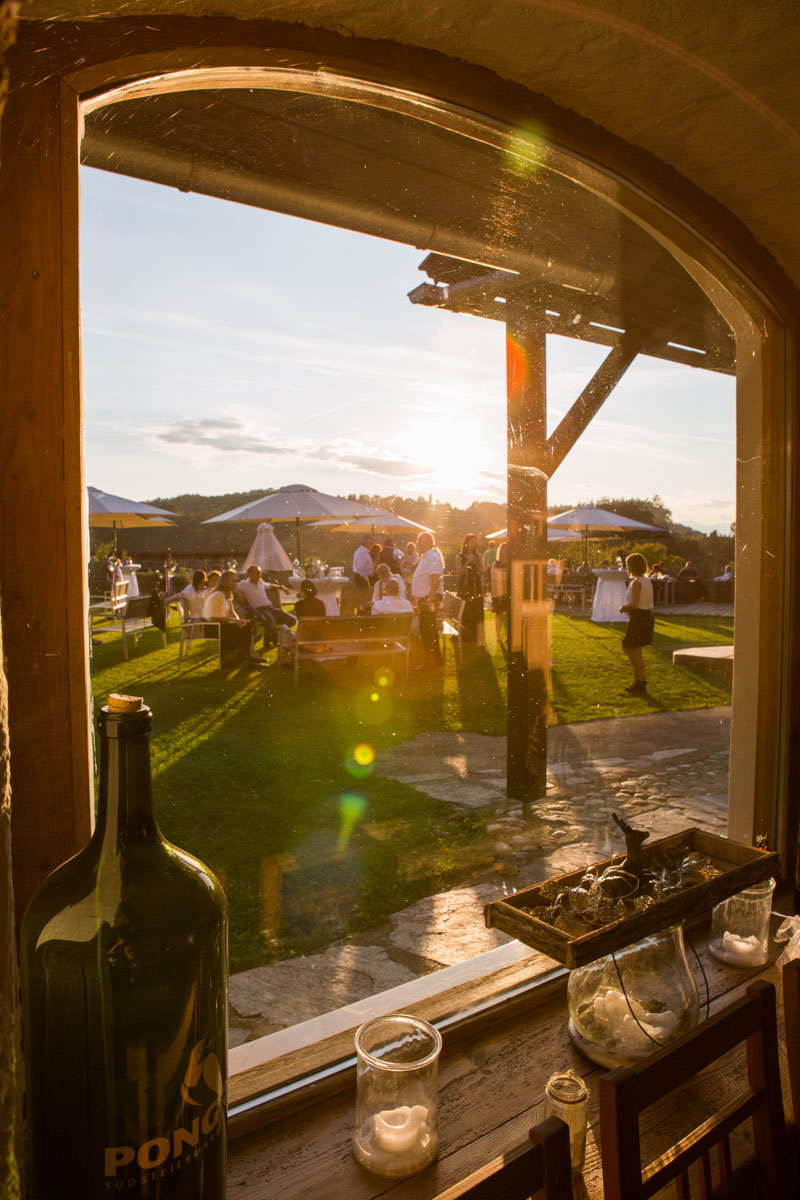 Blick aus dem Gewölbesaal in den Garten, Weingut Pongratz - Foto © Katrin Painer